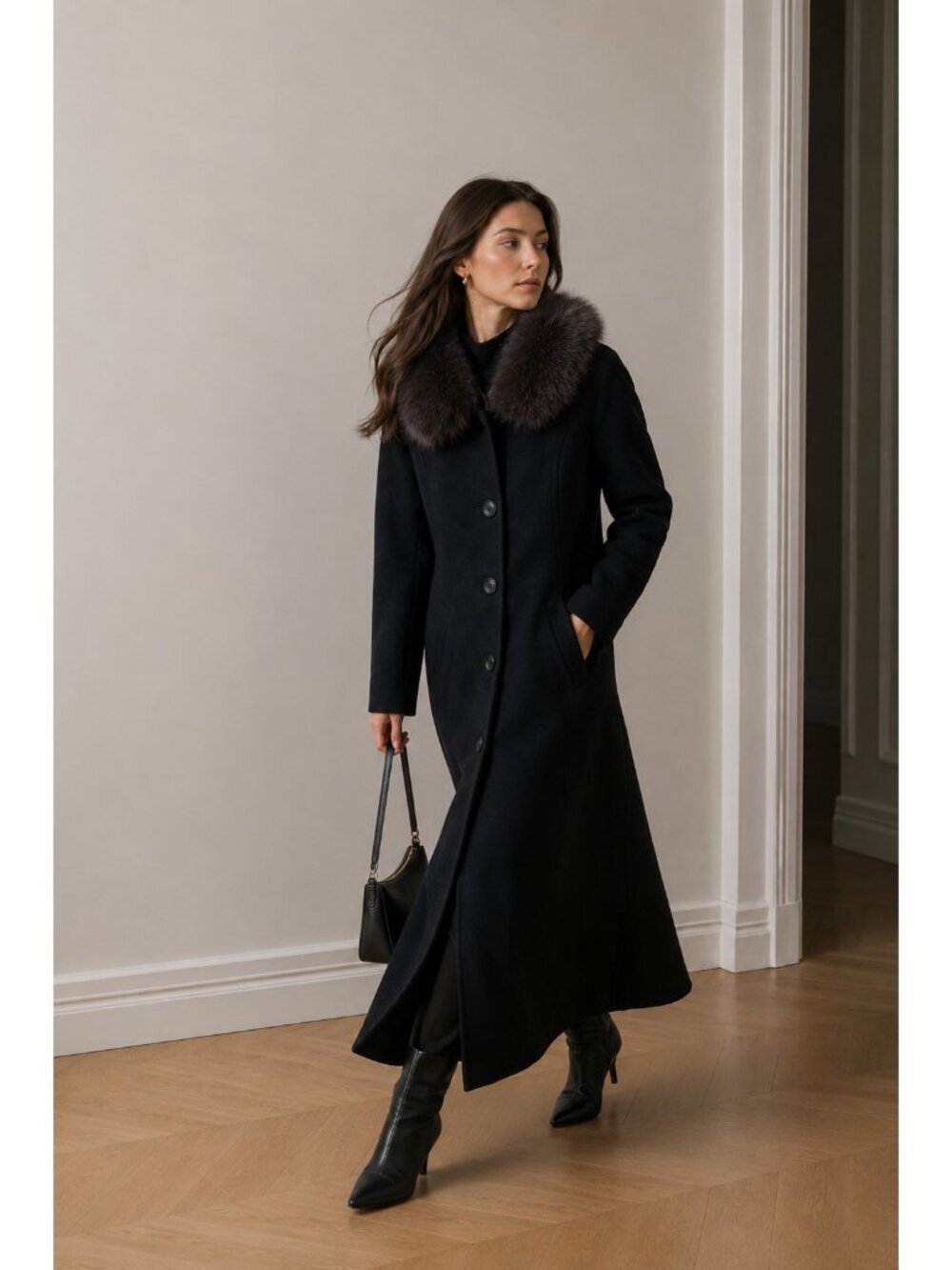 Ellen Tracy Black Long Wool Blend Coat Removable Genuine Fur Collar Women's 12